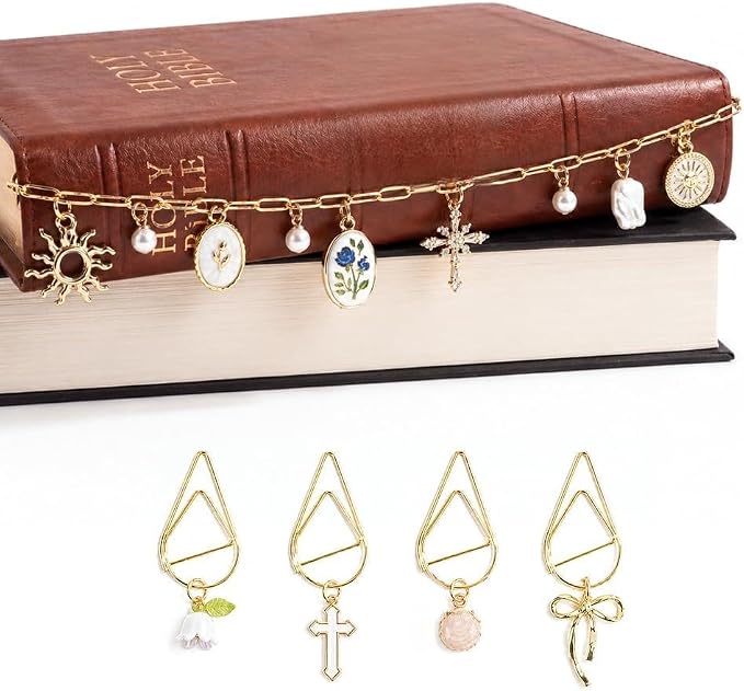 Kaciola Bible Charms Chain with 4PCS Planner Charms for Bible Study, Book Spine Bookmark, Journal Accessory, Unique Faith Jewelry Gift for Women (SJ-06)