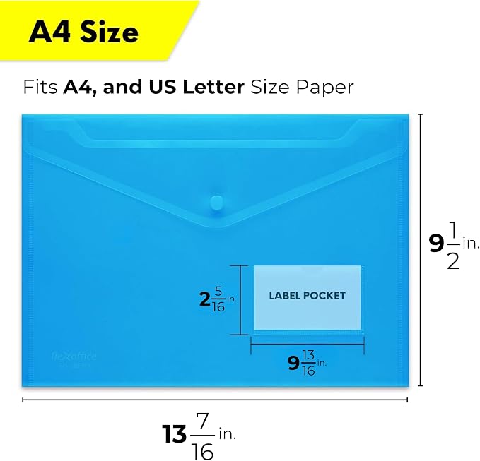 FLEXOFFICE 20 Pack Plastic Envelopes with Snap Closure & Label Pocket, 5 Colors, Reusable Poly Envelopes Waterproof for A4, US Letter Size, Important Document
