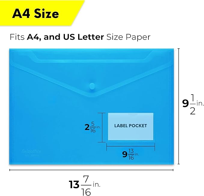 FLEXOFFICE 30 Pack Plastic Envelopes with Snap Closure & Label Pocket, 5 Colors, Reusable Poly Envelopes Waterproof for A4, US Letter Size, Important Document