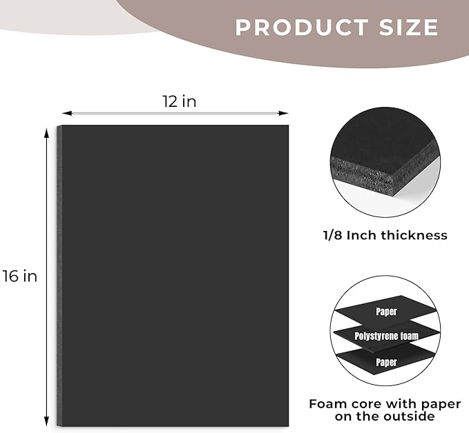 AUEAR, 12 Pack 12x16 Black Foam Boards 1/8" Thickness Foam Core Boards for Presentation Board for School Crafts Office Art Projects Display, Mounting, Print