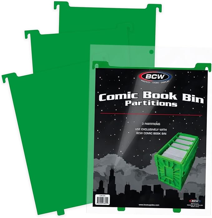 BCW Comic Bin Partitions | Exclusive Organizer for Short and Long Comic Book Bins | Notched, Tabbed, and Structurally Supportive Dividers (Green, 3 Pack)
