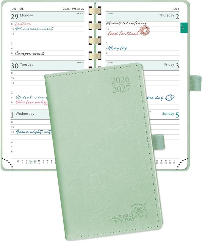 POPRUN Pocket Planner 2026-2027 (Slim Size 3.5'' x 6.5'') Academic Purse Calendar (July 2026 - June 2027) with Hourly Time Slots, 100GSM Thick Paper, Spiral Soft Cover - Celadon Green