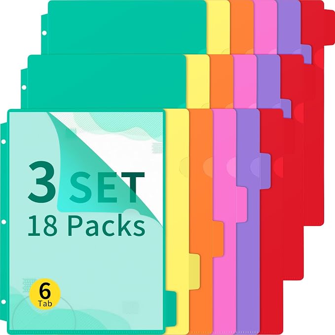 Kosiz 18 Pcs Binder Dividers for 3 Rings Binders Index Dividers with Pocket Plastics Sheets Protectors with Tab Labels for School Office Organization(Bright Color)