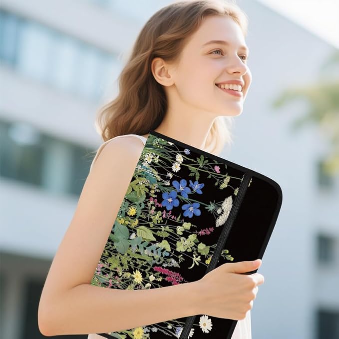 WEBEEDY Flower Expanding File Folder 13 Pockets Dark Background Wildflower Accordion File Folder with Labels and Zipper, Portable Expandable Document Organiser for A4 Paper Photo Receipt Paperwork