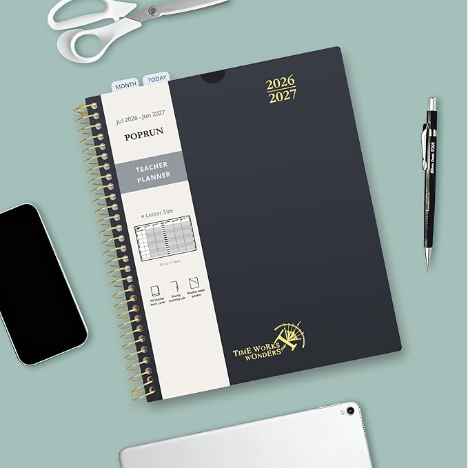 POPRUN Teacher Planner 2026-2027, 8.5" x 11", Academic Lesson Plan Book for Teachers (July 26-June 27) Weekly and Monthly with Gradebook, 2-Sided Pocket, Flexible PP Cover for Classroom, Light Pink