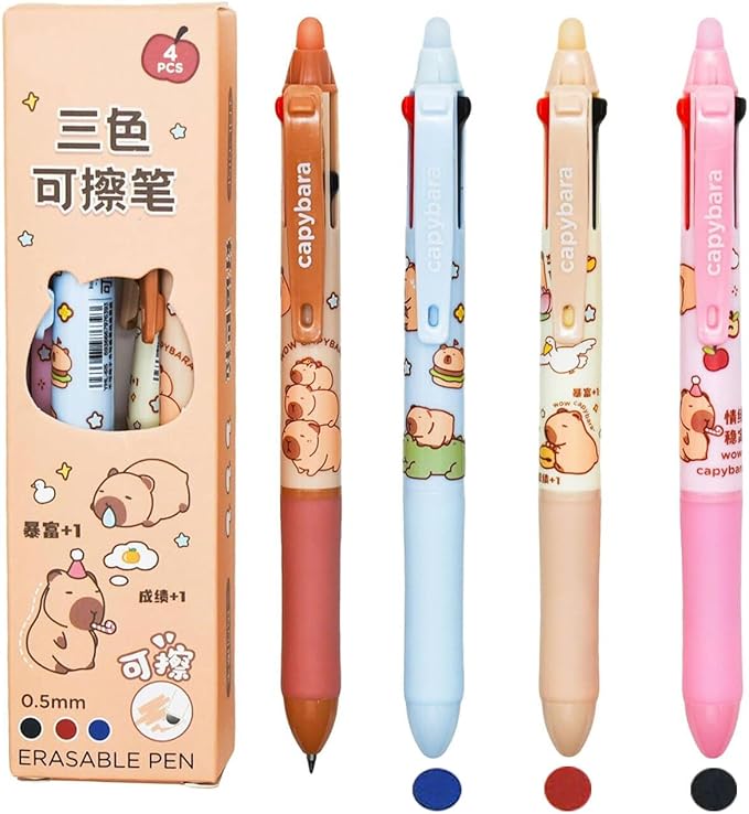 Maydahui 4 Pcs 3 Colors Cute Capybara Erasable Pens Multicolor 3-in-1 Retractable Pen 0.5mm Black Blue Red Ink 4 Styles Kawaii Cartoon Animal Pens for Sutdents Birthday Gifts Shcool Office Supplies
