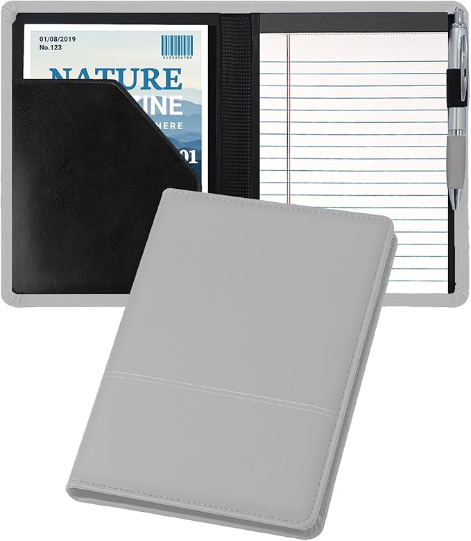 Classic Padfolio/Junior Portfolio Folder Case, Business A5 Binder Organizer Notepad for Men Women, 5 x 8 Writing Pad Included, Gray
