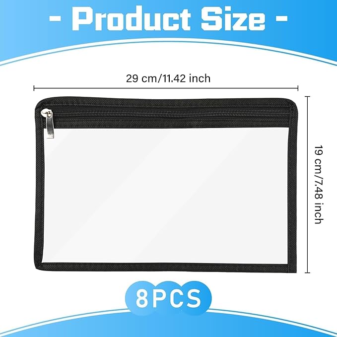 8Pcs Clear Zipper Pouches, Waterproof Pencil, Pen Bags, PVC Travel Toiletry Makeup Storage, Envelopes, File Folder Storages, Multi Purpose Pouch Office Supplies(Black Edging,11.5 x 7 Inches)