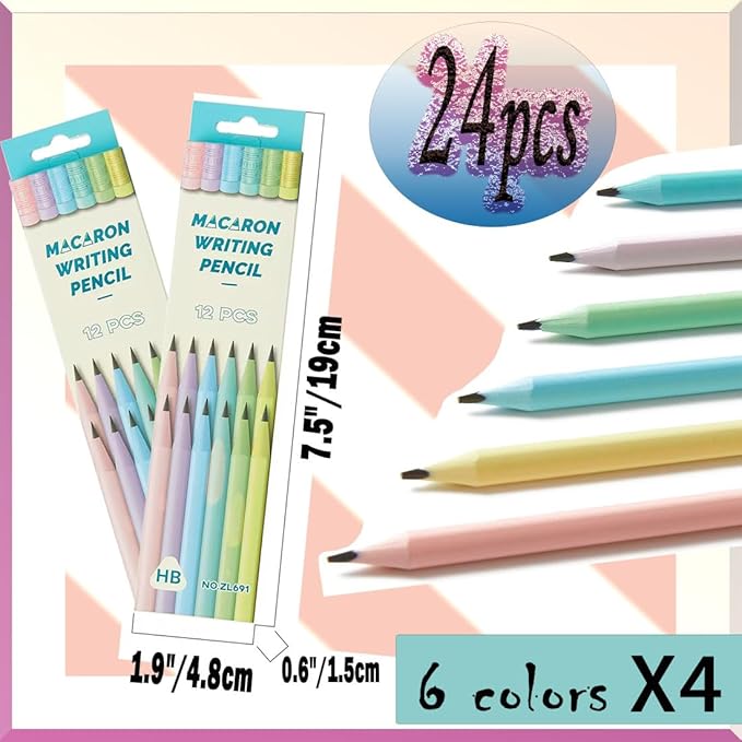 24Pcs Lead Pencil #2 HB Pre-sharpened Pastel Color Number 2 Wooden Pencil with Erasers Writing Drawing for School Company Office Stationery Gift