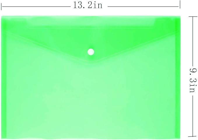 Poly Envelope 12 Pcs Document Envelopes with Snap Button Quality Clear Document Folder for A4 Size (Green)