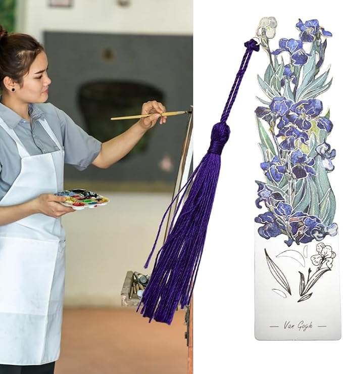 Metal Van Goghs Irises Bookmark with Tassel Flower Book Markers for Reading Lovers Artists Birthday Gifts for Men Women Vintage Bookish Book Marks for Teenage Girls Boys Floral Oil Painting Gift Ideas