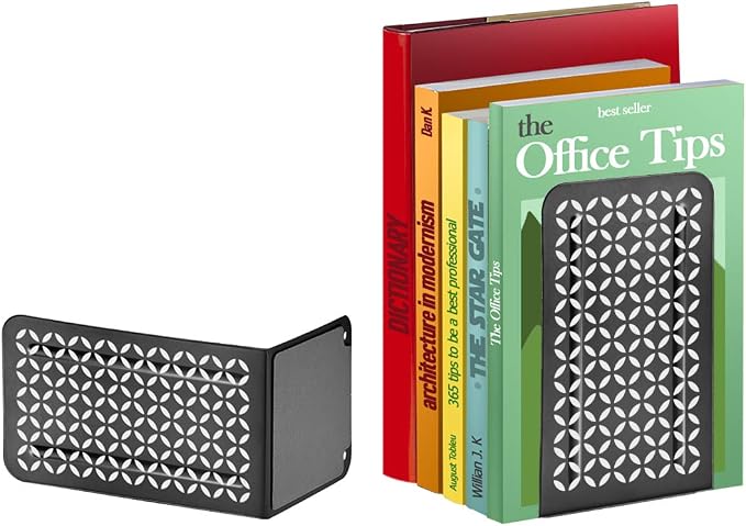 Acrimet Bookends for Shelves, Non-Skid Book Holder, Heavy Duty Steel Metal Book Ends for Home, Library, 6 7/8" H x 4" W x 4 1/2" D (Black Bookends with Silver Design) (1 Pair / 2 Pieces)