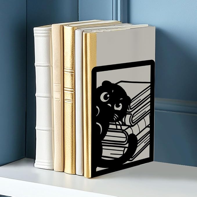Nonskid Thickening Iron Metal Bookends for Shelves, Cute Peeping Cats Book Shelf Book Ends Decorative for Library School Office Home Study Desk Organizer Decorative Books