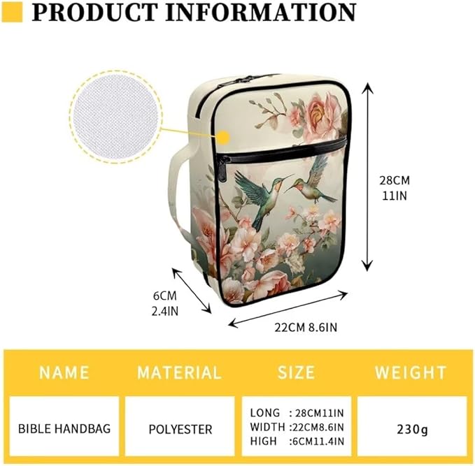 Coldinair Bible Covers for Women Men Hummingbird Floral Bible Case with Bookmark Large Carrying Book Case Church Bag Bible Protective with Pocket and Zipper