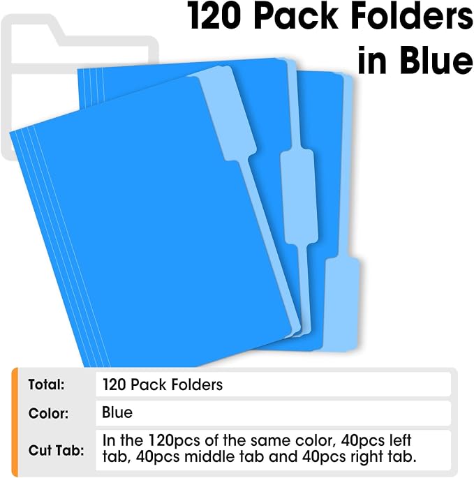 120 Pack File Folders 8.5 x 11 Inch, 1/3 Cut Tab File Folders Letter Size, School Business Office Filing Folder for Document, Blue