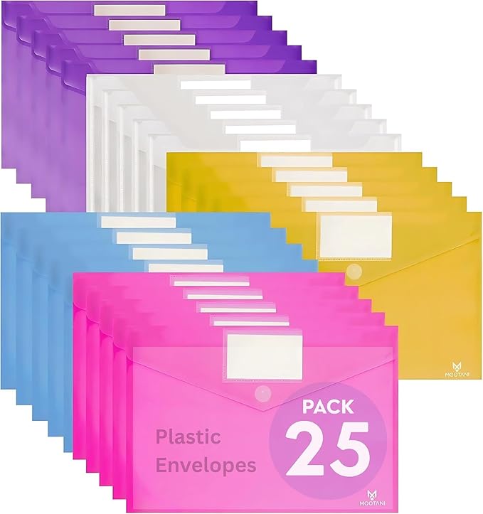 25 Pack Plastic Envelopes, Folders for Documents, Poly Envelopes A4/US Letter Size, Plastic File Folders with Label Pocket, File Envelopes for School, Office & Home, 5 Assorted Colors
