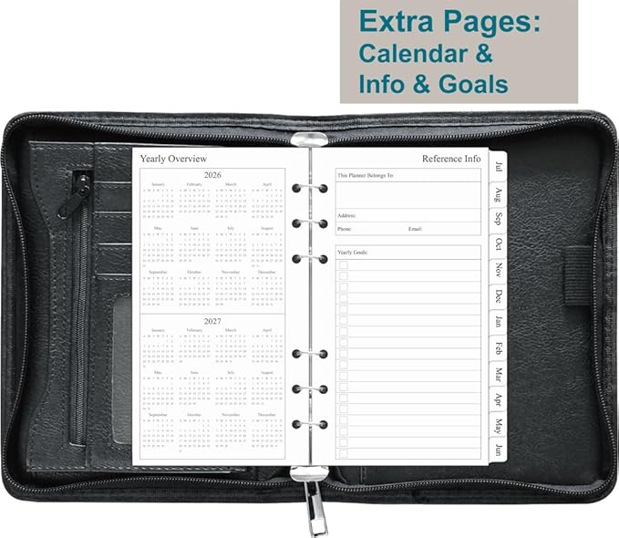 Fan&Ran 2026-2027 Zipped Planner Organizer, Weekly and Monthly Refills with Simulated Leather Cover, Personal Size, Black