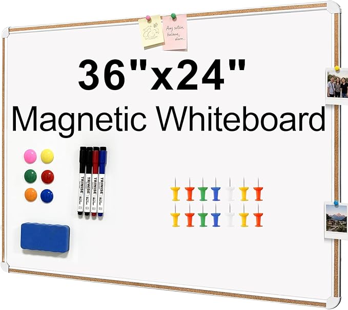 Large Magnetic White Board for Wall,Aluminum & Cork Strip Frame Whiteboard for Office,Presentation Dry Erase Board Wall Mount,Large Whiteboard for School Classroom Huge Whiteboards (36" W x 24" H)