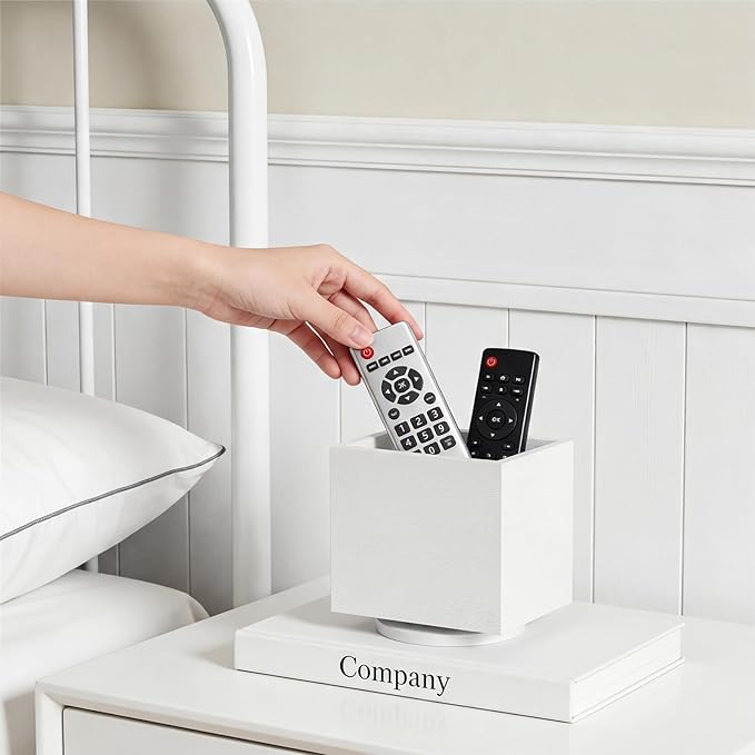 360° Rotating Remote Control Holder, Wooden TV Controller Holder, Remote Holder for Table, Desktop Caddy for Pen, Phone, Small Item Home Office School (White)