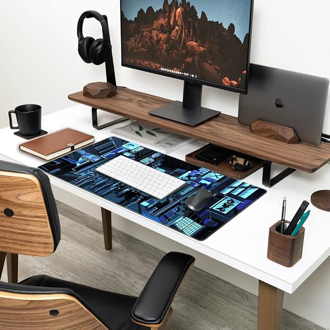 Japanese Gaming Arcade Blue Large Gaming Mouse Pad Keyboard Desk Pad Extended Mouse Pad Gaming Office Decor, Pc Laptop Mouse Pads Large (31.5x15.7 in) with Stitched Eges Non-Slip Base Mousepad XXL