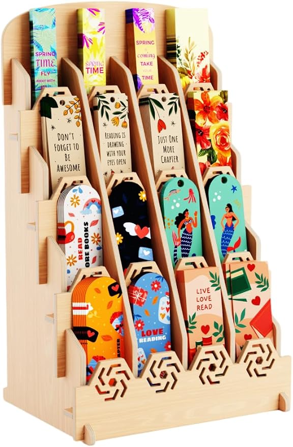 HOTCAN Bookmark Holder Display Stand for Vendors | Wooden Bookmark Booth Display Items with 16 Shelf Pockets | Customizable Space and Mobile Friendly Design Ideal for Craft Fairs, Vendor Booths, Shops