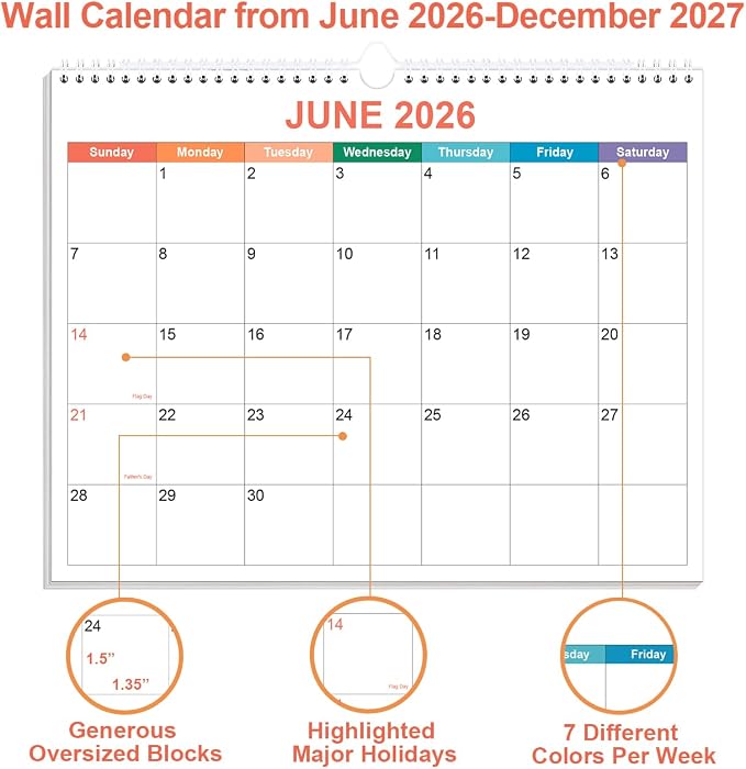 Calendar 2026-2027, Wall Calendar 2026-2027 from June 2026 - December 2027, 19 Months Calendar with Premium Paper, Twin-Wire Binding & Hanging Hook, 8.5" x 11", Colorful
