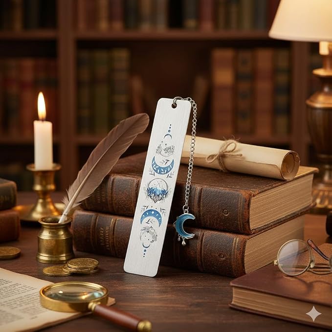 Stainless Steel Acotar Bookmark with Tassel, Acotar Inspirational Creative Moon Mountains Text Book Marks for Reading Women Men Collection, Books Accessories (Bule Acotar)