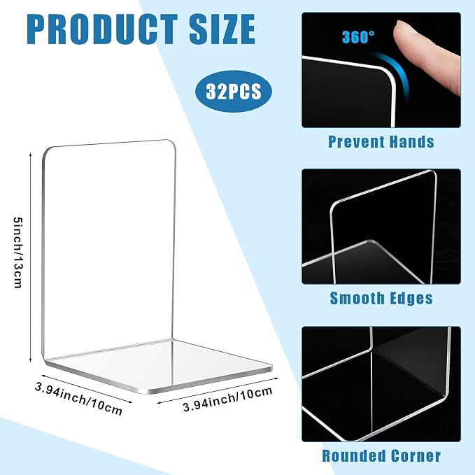 Maitys 32 Pcs Plastic Book Ends Bulk Clear Acrylic Bookends for Shelves Decorative Book Organizer Heavy Duty Holder Office Stoppers Bookshelf Desktop Decor for Movies, CDs, Video Games
