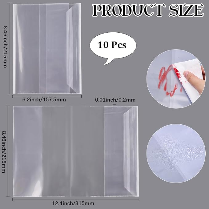 GORGECRAFT 10Pcs Adjustable Plastic Book Covers Clear 8.5 x 6.2 Inch Waterproof Transparent Book Sleeve with Self-Adhesive Strip Document Paper Protector for Notebook Textbook Paperbacks School Office