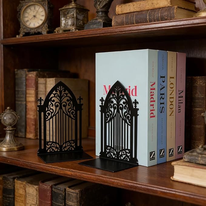 Book Ends, Bookends, Book Ends for Shelves, 2Pair Non Skid Metal Book Divider Decorative Holder, Abstract Art Desgin Book Stopper Supports for Office, Home (Gothic Gate B)