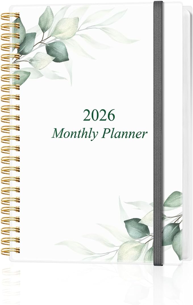 Monthly Planner 2026 - Monthly Calendar from January 2026 to December 2026, 2026 Planner with Inner Pocket, Elastic Band, 5.8" x 8.5", Green Leaf