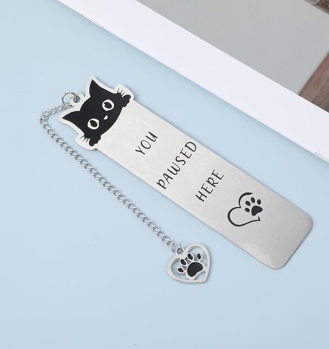 Cat Bookmarks, 2 Pcs Stainless Steel Black Cat Bookmark for Women, Men, Kids, You Paused Here Cute Book Marks for Book Lovers, Birthday, (Silver & Black)