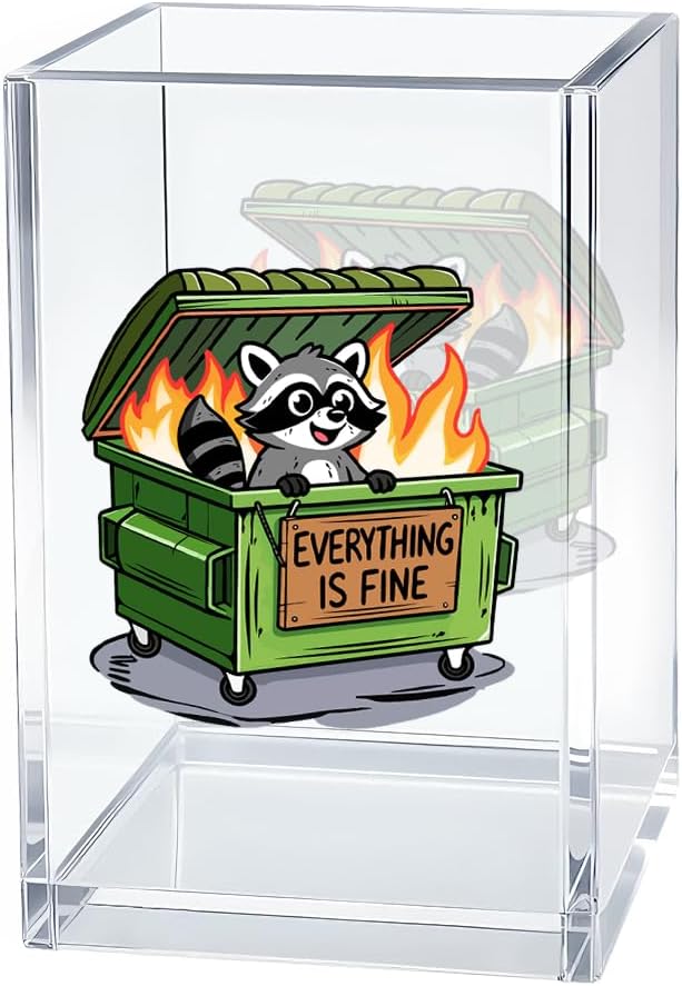 Everything Is Fine Acrylic Pen Holder Cosmetic Organizer, Cute Racoon Pencil Holders & Pen Holders for Desk, Desk Accessories Office Gifts for Coworker, Dumpster Fire Gifts for Teacher Colleague
