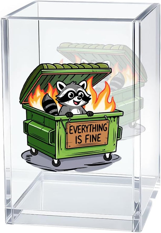 Everything Is Fine Acrylic Pen Holder Cosmetic Organizer, Cute Racoon Pencil Holders & Pen Holders for Desk, Desk Accessories Office Gifts for Coworker, Dumpster Fire Gifts for Teacher Colleague