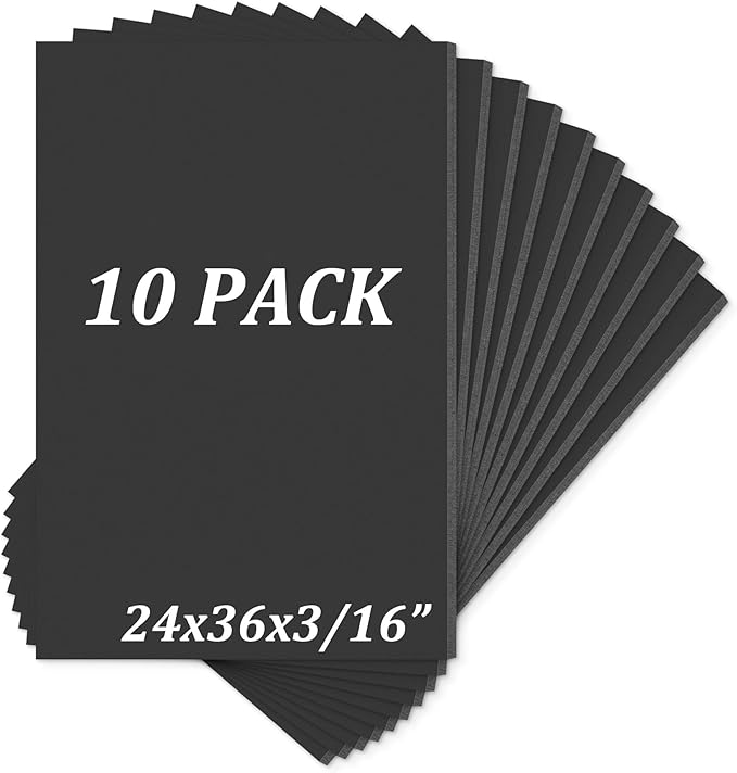 Mat Board Center, Pack of 10 Acid-Free Foam Boards, 24x36 inch Black Foam Boards, 3/16" Thick