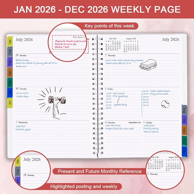 2026 Planner - Weekly & Monthly Planner Runs Jan 2026 to Dec 2026, 6.25" x 8.25", 12 Monthly Tabs, 14 Notes Pages, Inner Pocket, Flexible Cover with Twin-Wire Binding, Planners 2026 (Red, 6.25" x 8.25")