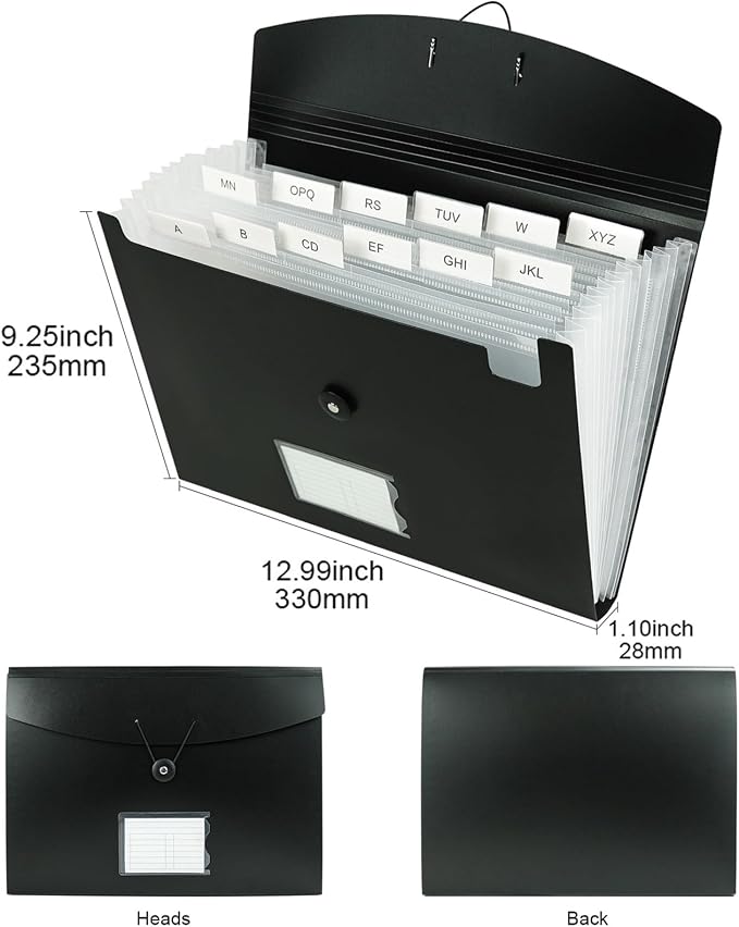 Accordion File Organizer, 13 Pocket Expanding File Folder Organizer for Letter Size/A4 Documents, Expandable Portable Monthly Bill/Receipt Organizer for Home/Office/School (Black)