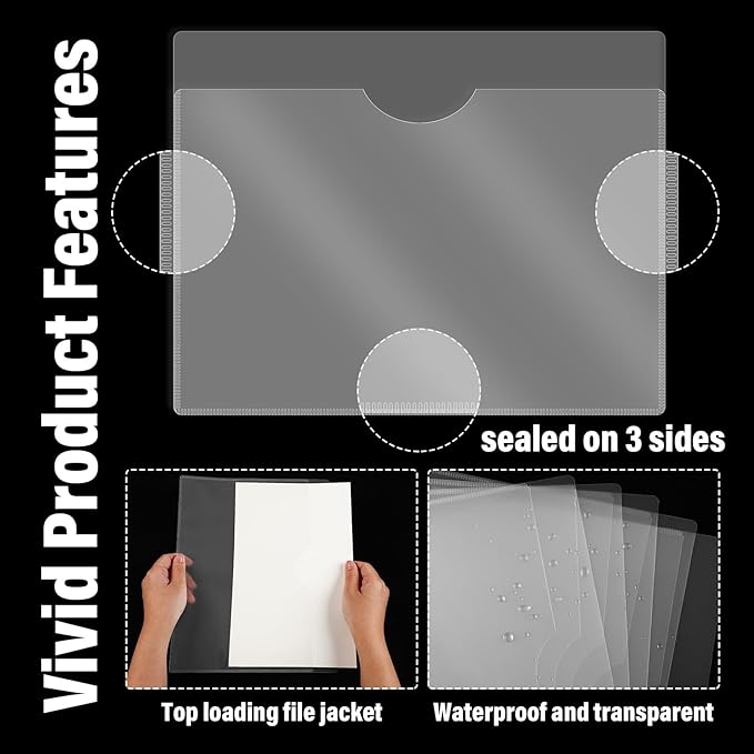 Kisston 25 Pack Heavy Duty Vinyl Plastic Folders with Clear Front Pocket File Jackets, Three Sided Closed, Letter Size Plastic Folders for Documents, 11.75 x 9.25 Inch (Clear)