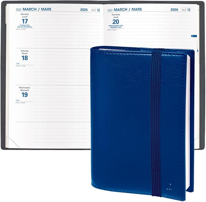 Quo Vadis 2026 Hebdo - Bi-Lingual (EN/FR) - Weekly/Monthly Planner - 12 Months, Jan. to Dec. - 6 1/4 x 9 3/8" - Grained Faux Leather Kali Blue Covers - Productivity Time Management Organizer