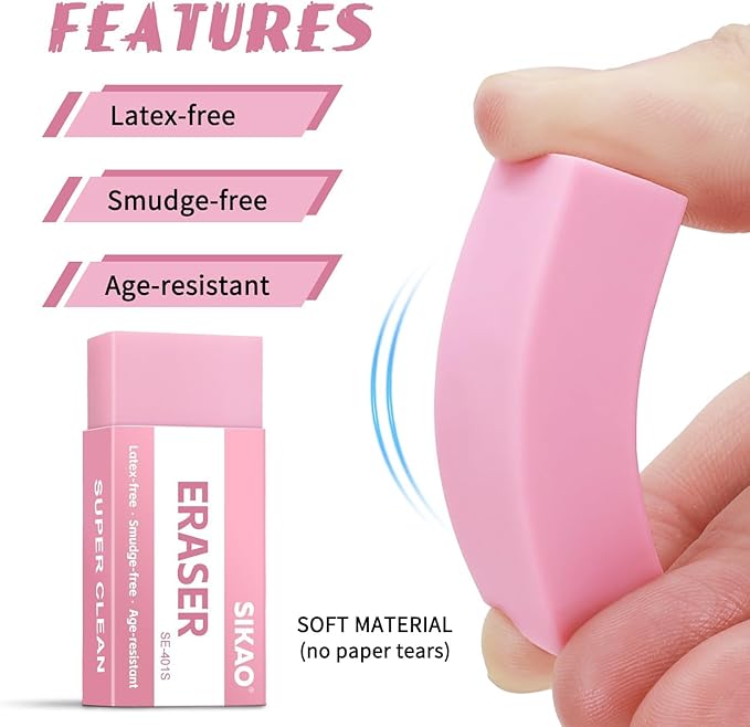 Pink Erasers, 12 Pack Block Pencil Erasers – Smudge-Free Latex-Free Cute Erasers for Kids & Girls, School Supplies, Clean Erase for Homework, Journaling & Drawing