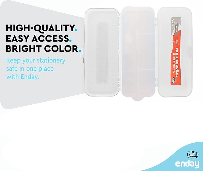 Enday Pencil Box Clear, Plastic Double Deck Pencil Case with 7 Compartments, Box Organizer with Snap Closure for Home and Office