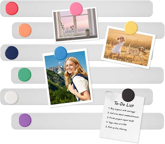 Magnetic Board - 6Pcs Frameless Stainless Steel Magnet Bulletin Board Strips with 10 Colorful Magnets, Magnetic Strips with Adhesive Backing Memo Board for Wall Office Kitchen Classroom Fridge