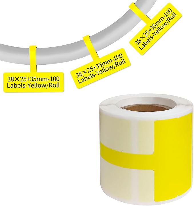100 Pcs Cable Labels - Waterproof Wire Cord Label, Tear Resistant Wire Labels, Self Adhesive Cord Organizing Label, for Cable Management, Compatible with PUQU AQ20 Label Makers(Yellow) 38x60mm