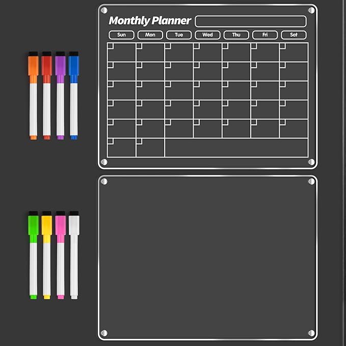 FINDMAG Acrylic Magnetic Dry Erase Board Calendar for Refrigerator, Magnetic Whiteboard for Fridge, 16"x12" Monthly Magnet Calendar for Refrigerator with 8 Colorful Highlight Markers