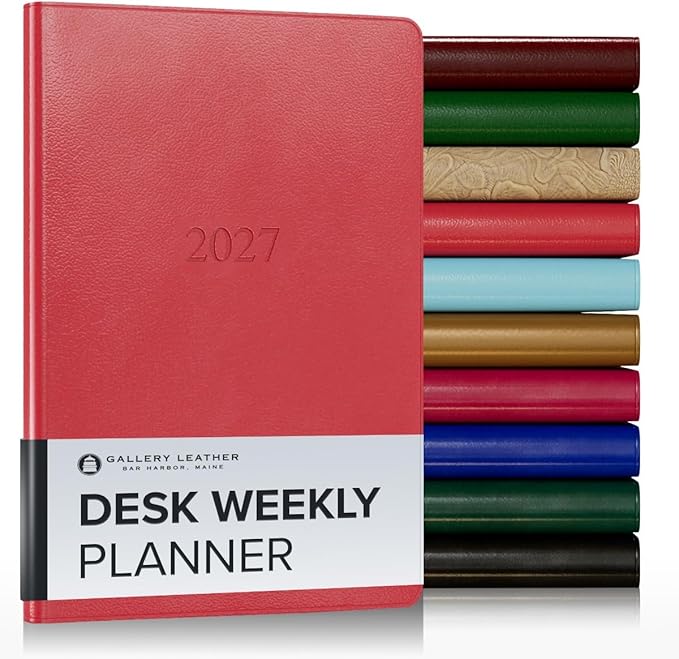 Gallery Leather Desk Weekly Monthly Planner 2027, Elegantly Bound Calendar Planner and Notebook with Stylish Gold-Gilded Page Edges, 12 Months - Caribbean Red - 8x5.5"