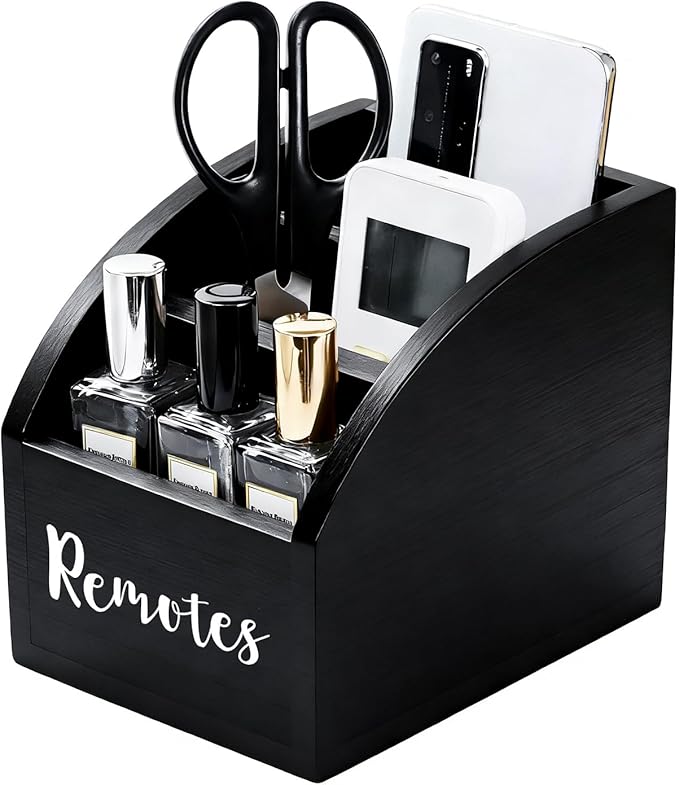 BONNY DODO Remote Control Holders Organizer Box for Table Black Small Wooden Desk Farmhouse Home Decor Caddy Basket Store Tv Remote for Media Player,Pencil,Glassees&Office Supplies (Black, S)