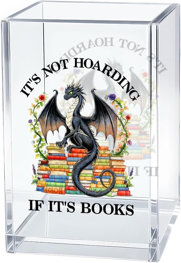 It's Not Hoarding If It's Books Acrylic Pen Holder Cosmetic Organizer, Retro Dragon Book Pen Pencil Holders for Desk, Bookmark Holder for Bookshelf, Bookish Gifts for Librarian Reader Teacher