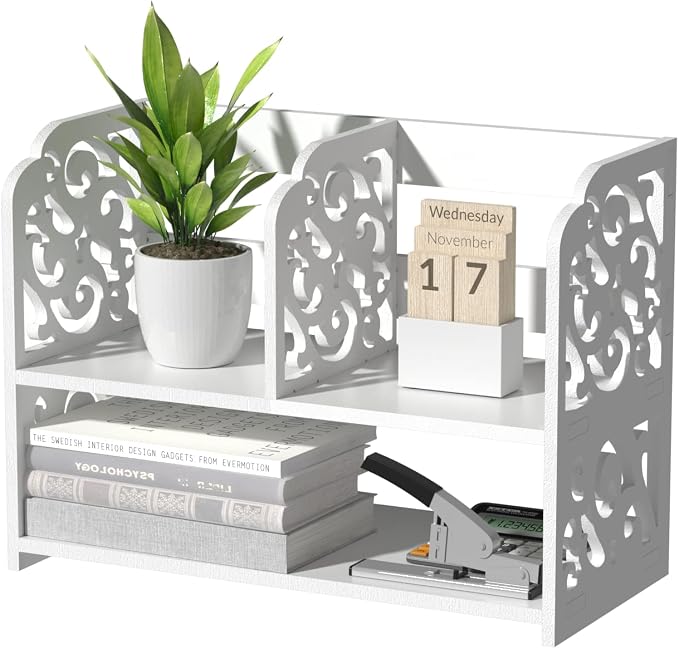 TY ARTS & CULTURE Desktop Organizer, Hollow Pattern Vintage Desk Storage Rack for Women Men and Kids, White Desktop Shelf Organizer for Home Office Desk Furniture