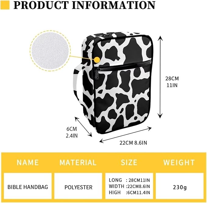 Suobstales Cow Print Bible Cover Carrying Book Case for Women Girls Black White Animal Pattern Bible Bag Bible Protective with Handle and Zippered Pocket