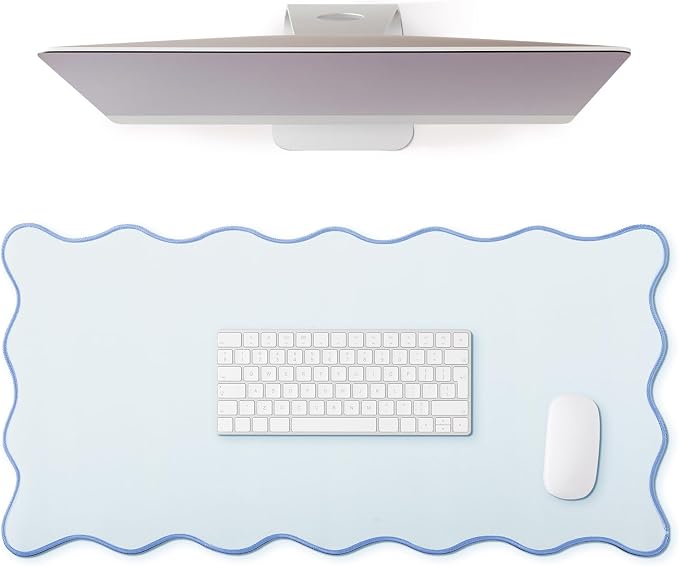 Hahafelt Scalloped Desk Mat Large Desk Pad Cute Coquette Table Mat Back to School Preppy Table Make up Pad Nonslip Graduation Gift with Stitching Waterproof Gaming(Blue,23.6 x 13.8 Inches)